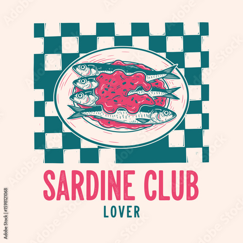 Seafood t shirt design. Sardines in tomato and lemon artwork. Fish vintage artwork. Sardines fish artwork for t shirt print, poster, sticker and other uses. 