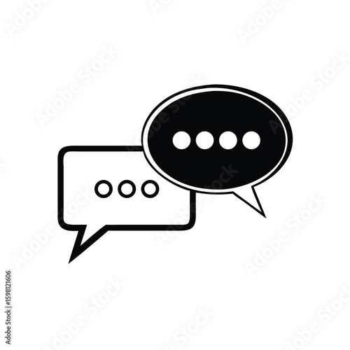 Two speech bubbles symbolize ongoing conversation using ellipses, rendered in black and white over transparent background