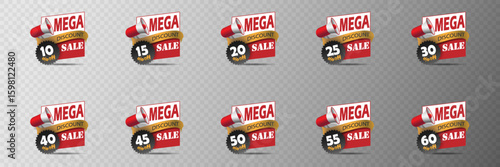 Super discount labels with megaphone and percentage tags 10-60% discount.