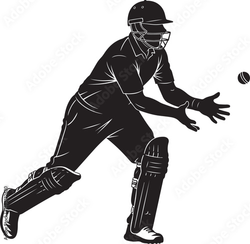 A vector illustration of a male cricket player wicket keeper fielding a ball on a white background.
