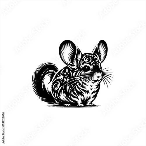 Intricate black and white chinchilla illustration with swirl patterns