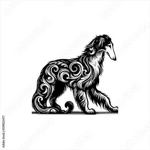 Elegant borzoi dog with decorative swirls and flowing lines