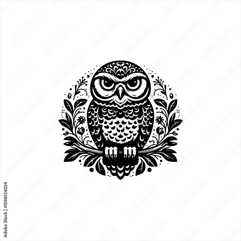 Obraz premium Stylized black and white owl perched on a branch with floral accents