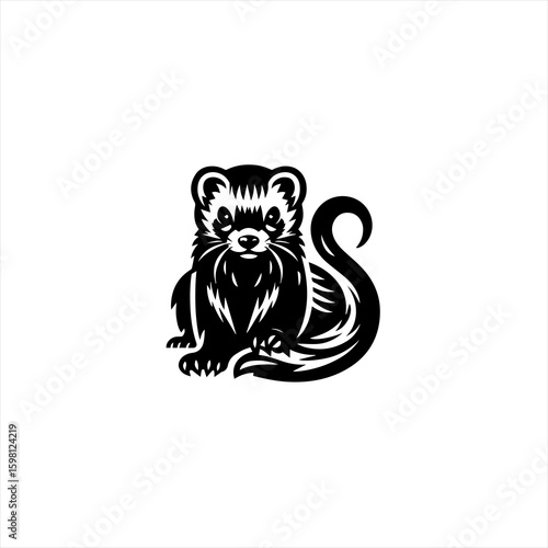 Stylized black and white ferret sitting with curled tail