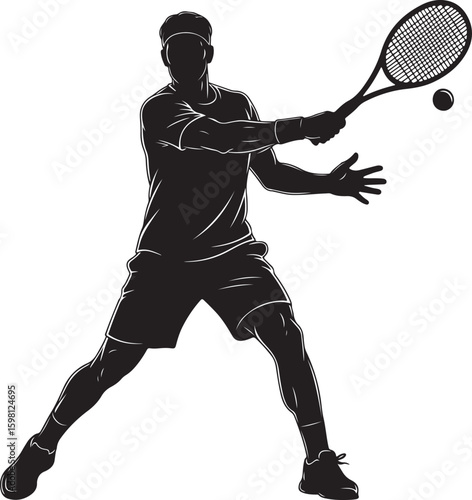 A vector illustration of a male tennis player silhouette hitting a forehand on a white background.
