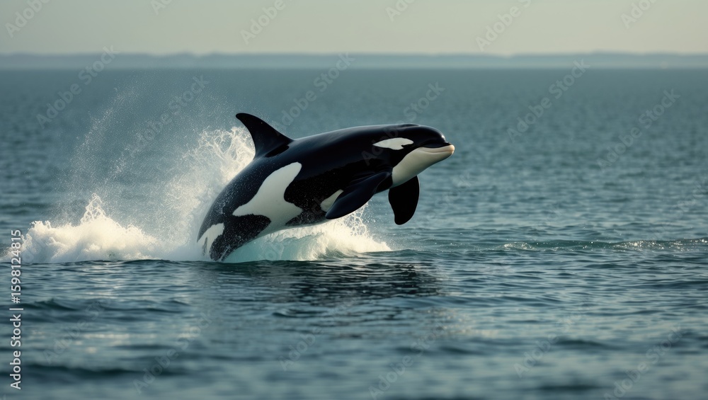 Fototapeta premium A orca jumping out of the water in the ocean. Marine animal and aquatic life, wildlife conservation. Oceanic and marine environment. The concept of marine animals and marine ecology.