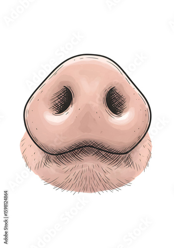 Illustration of Pink Pig Nose on Black Background with Hairs