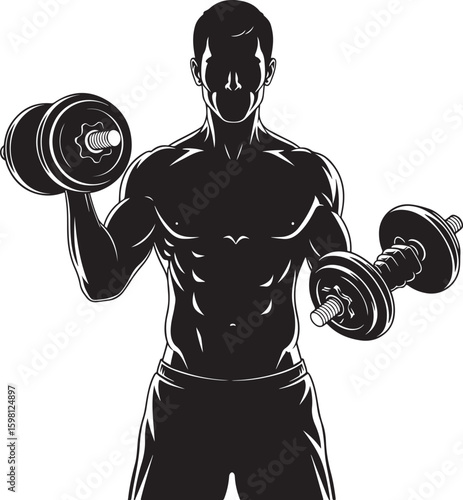 A vector illustration of a muscular male bodybuilder silhouette lifting dumbbells on a white background.
