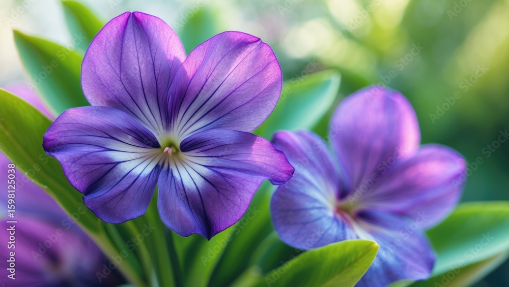 Purple flower with green leaves in a garden setting. Purple flower with green leaves in a garden setting.