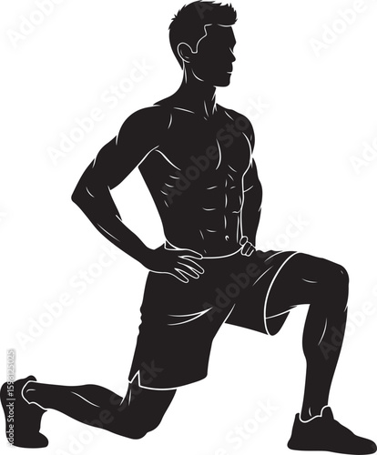 A vector illustration of a muscular male silhouette performing a lunge exercise on a white background