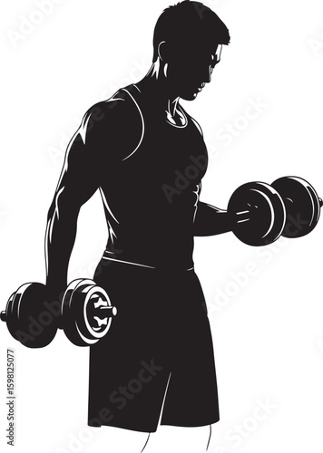 A vector illustration of a muscular male silhouette performing dumbbell bicep curls on a white background