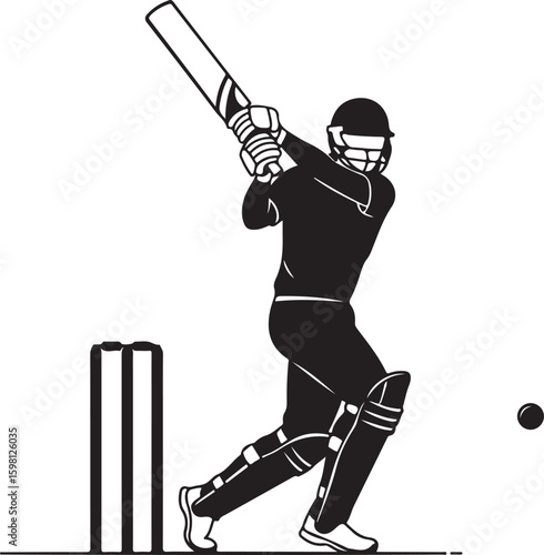 A vector illustration of a cricket player hitting the ball near the wicket stumps.