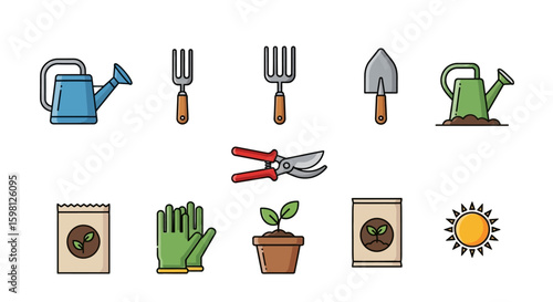 Colorful Gardening Tools and Equipment Icon Set in a Flat Design Style