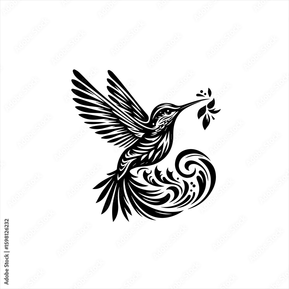 Fototapeta premium Elegant black hummingbird with floral element and swirls