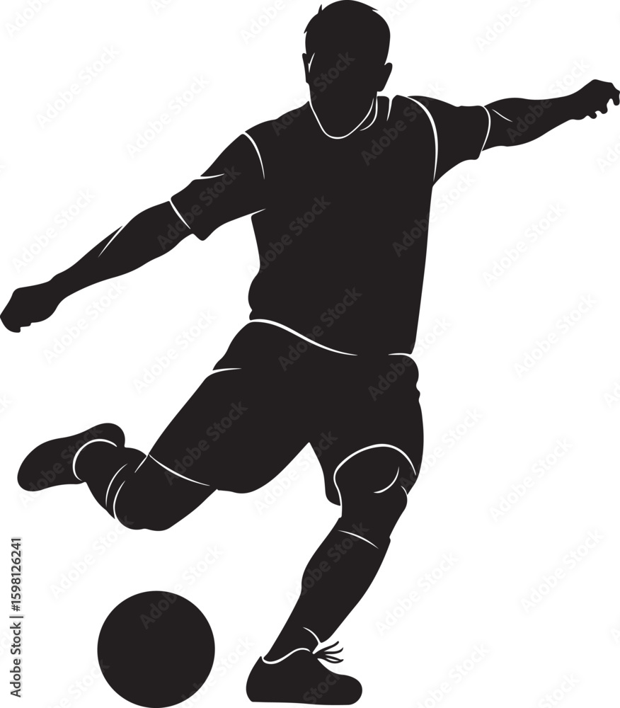 Naklejka premium vector illustration of a dynamic male soccer player silhouette kicking a football on a white background