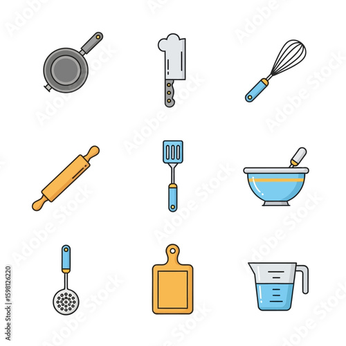 Colorful line art icon set of kitchen utensils and cookware for cooking and baking, including a pan, cleaver, whisk, and rolling pin.