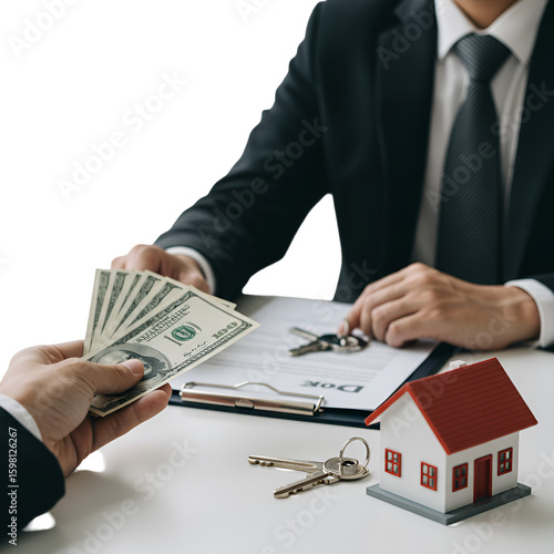 Photo of Handing Over Cash for Real Estate Purchase with Toy House and Keys