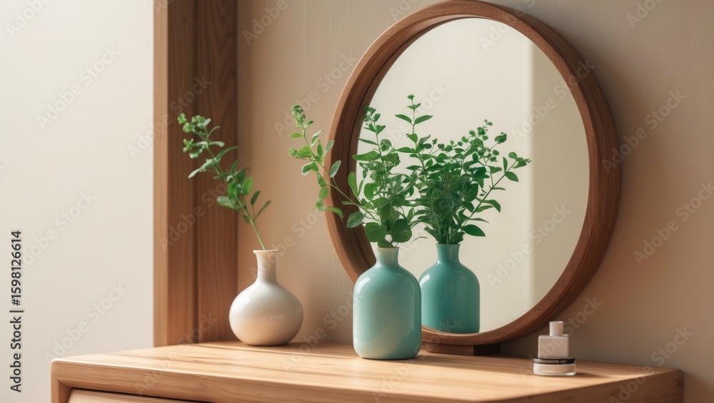 Fototapeta premium Three vases with green plants reflected in a round mirror on a wooden table. Indoor decor, natural and calming aesthetic.