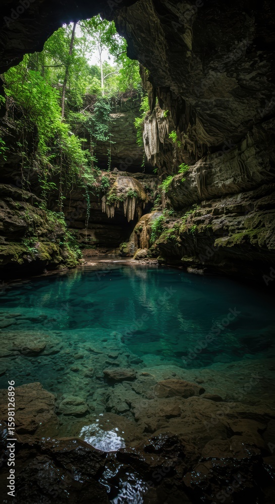 Naklejka premium A tranquil, turquoise pool of water at the bottom of a cave opening into a lush green forest.