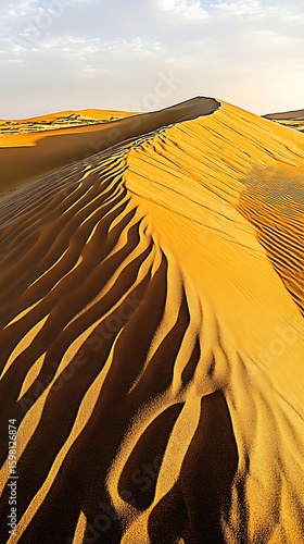Sand Dune Landscape at Sunrise with Golden Light Casting Dramatic Shadows