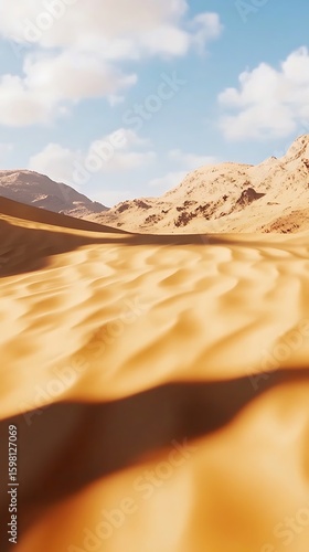 Exploring Sandy Desert Landscape with Rolling Dunes and Distant Mountains