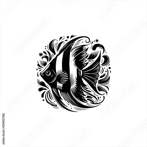 Stylized black and white angelfish illustration with swirling water elements