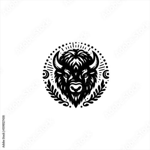 Stylized black and white bison head emblem with laurel wreath and celestial elements