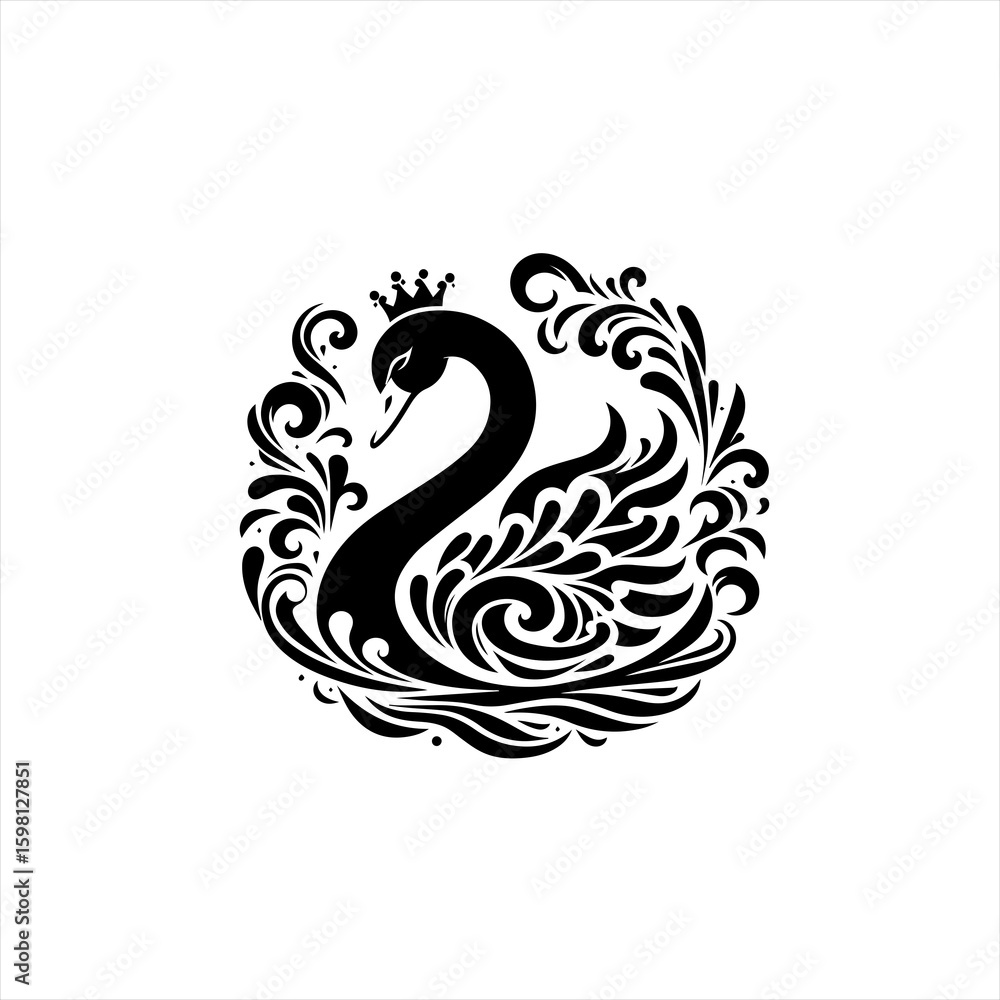 Fototapeta premium Elegant black swan with crown and ornate swirling feathers