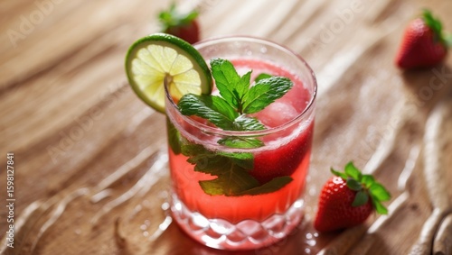 Wallpaper Mural Fresh strawberry cocktail with lime and mint garnish on a rustic wooden surface. Refreshing beverage, fruit, and drink. The concept of summer drinks and beverages. Torontodigital.ca