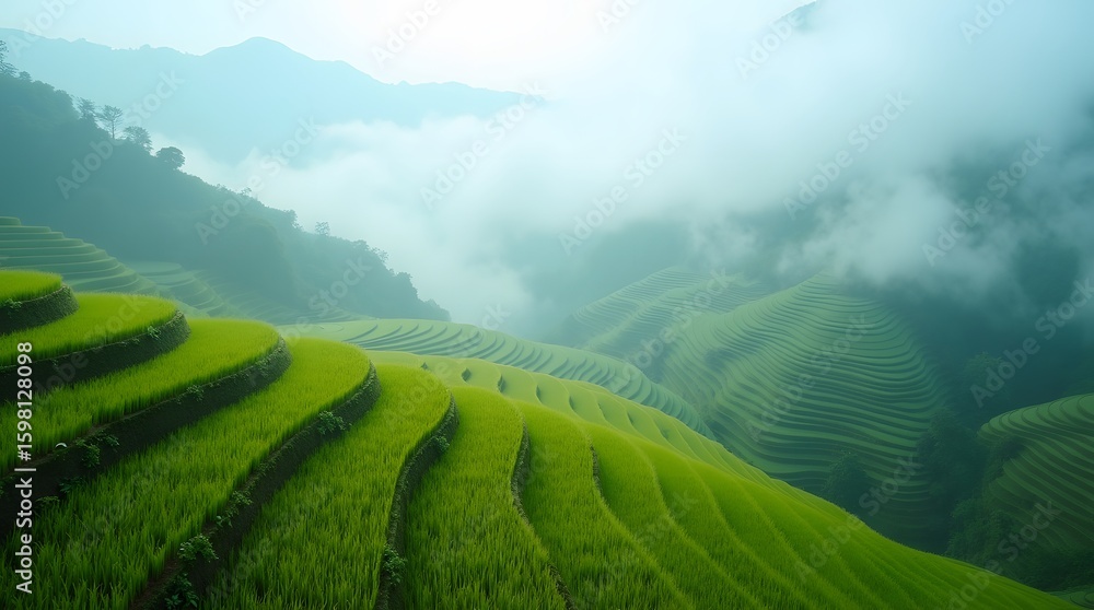 Fototapeta premium Breathtaking aerial view of lush green rice terraces on rolling hills, shrouded in morning mist. A beautiful agricultural landscape in Asia.
