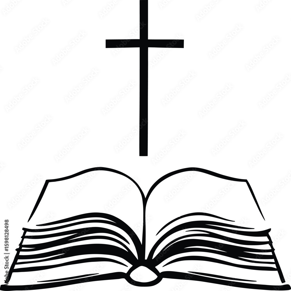 Illustration of an open book with pages and a christian cross above it in black and white Illustration of an open book with pages and a christian cross above it in black and white
