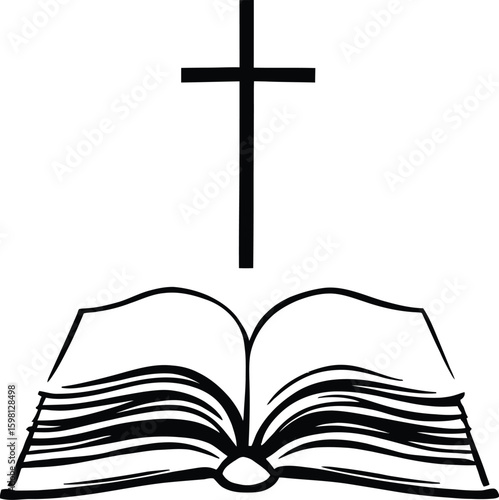 Illustration of an open book with pages and a christian cross above it in black and white