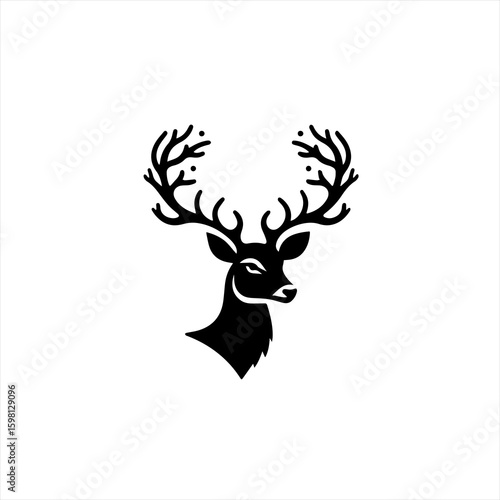 Stylized black deer head with antlers on white background
