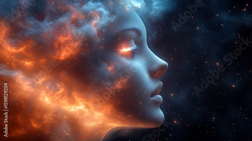 Profile view of a woman's face, enveloped in vibrant nebulae.
