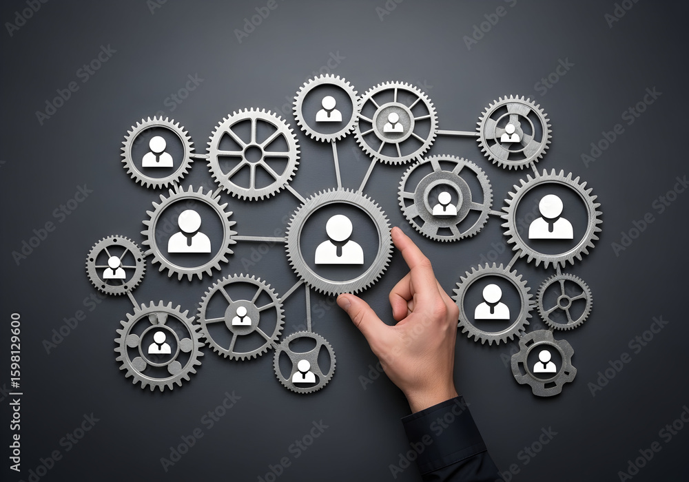 Hand connecting teamwork gears in business network concept Hand connecting teamwork gears in business network concept