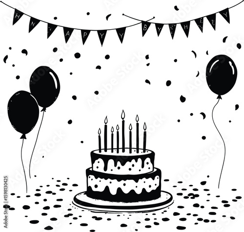 A black and white illustration of a birthday cake with balloons and happy birthday banner above it