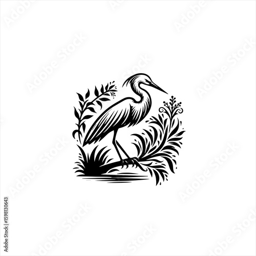Elegant black and white illustration of a heron standing amongst decorative foliage