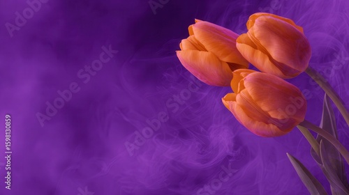 Orange tulips in vibrant purple mist background