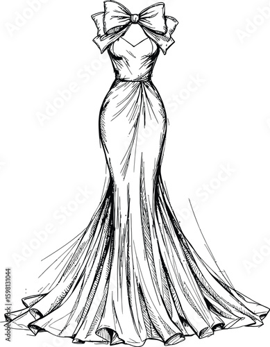 Sketch of a long elegant dress with a large bow on the shoulders in black and white illustration style