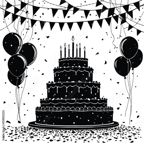 A monochrome illustration of a tiered cake with balloons and festive decorations for a celebration
