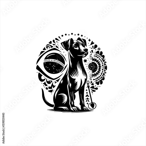 Stylized black and white illustration of a dog with brazilian flag elements