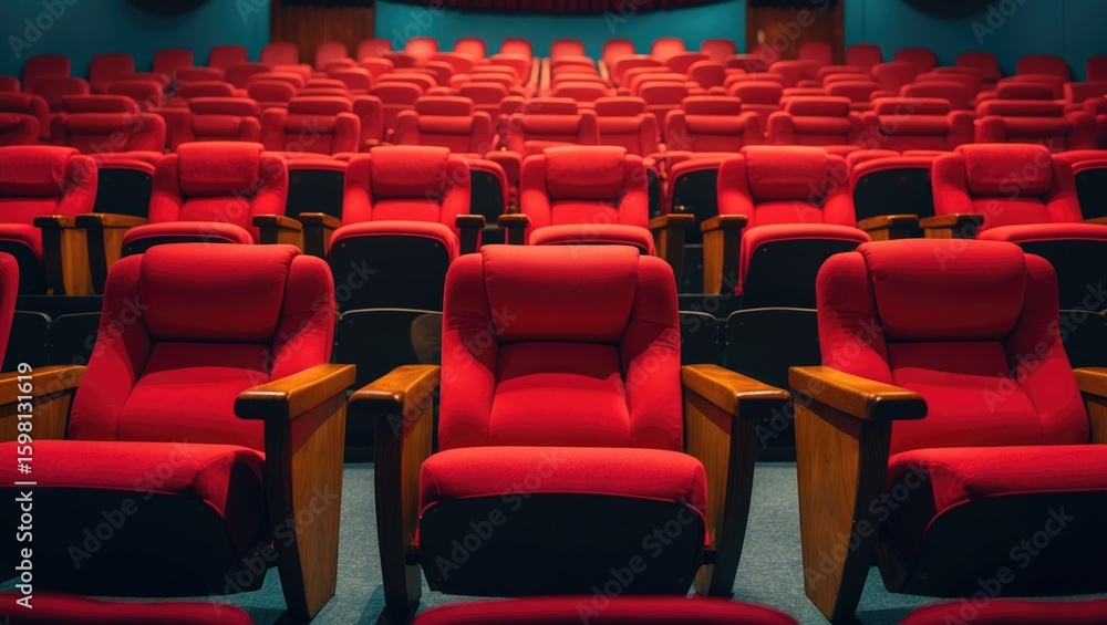 Obraz premium Red theater seats in an auditorium or cinema, arranged in rows.
