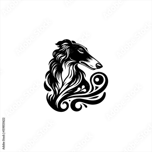 Elegant black and white borzoi dog silhouette with ornate swirls