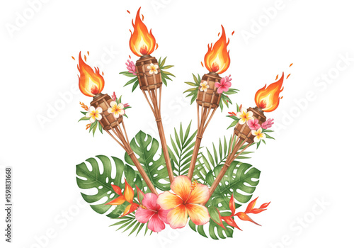 Watercolor Illustration of Traditional Torches with Tropical Flowers