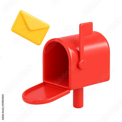 3D red mailbox with yellow envelope flying in, email or postal service concept