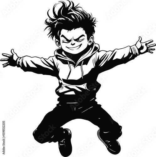 A black and white drawing of a boy jumping with his arms outstretched in a joyful expression