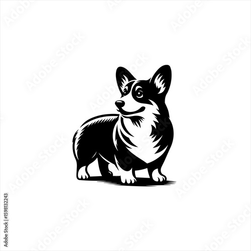Stylized black and white illustration of a pembroke welsh corgi dog