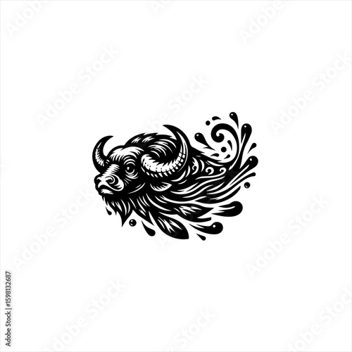 Stylized black and white buffalo head with flowing mane
