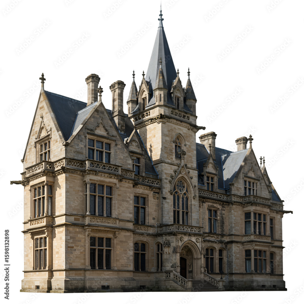 Fototapeta premium Photo of a Majestic Stone Building Isolated on Black Background