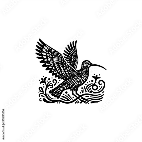 Stylized black and white illustration of a bird in flight with decorative elements